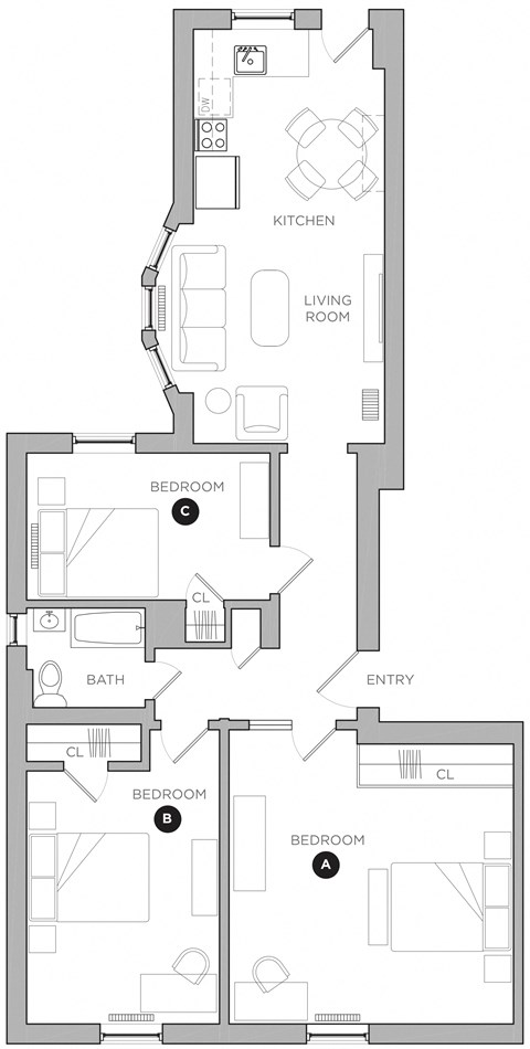 Floor plan for 3 beds, 1 bath, 437 sqft